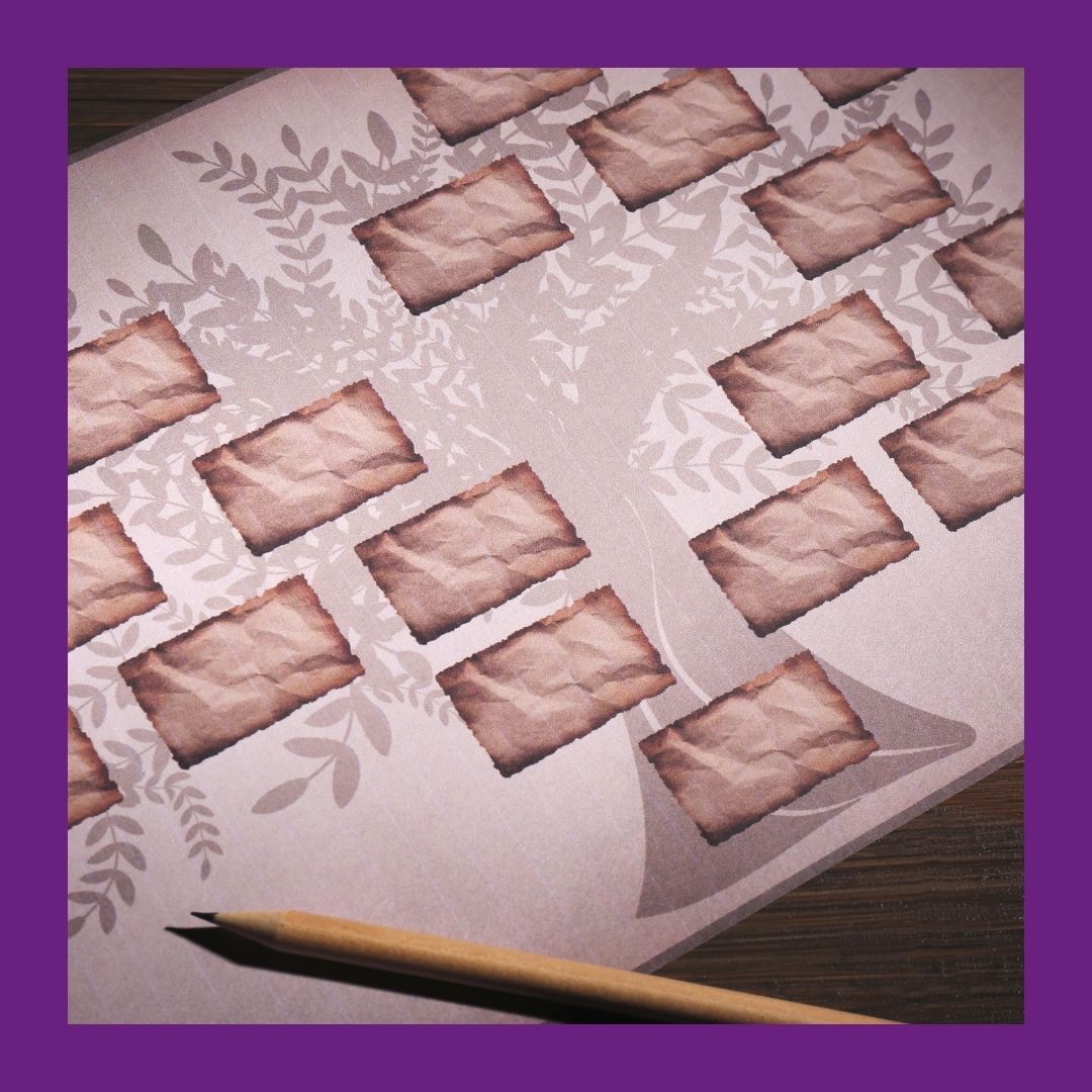 A photo of a blank family tree laid out on a table with a pencil laying beside it