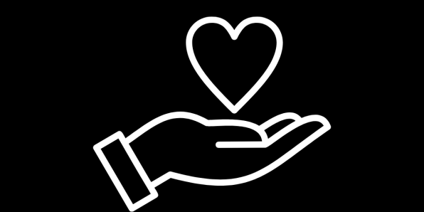 A white icon on a black background of a hand holding a love heart