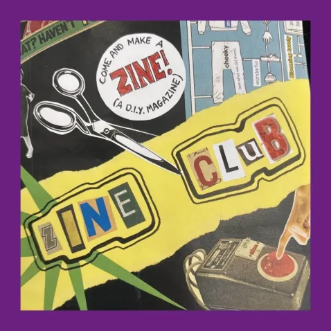 A photo of magazine clippings arranged artfully including letters spelling out 'Zine Club'