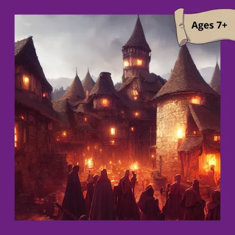 An illustration of a medieval town at dusk with silhouettes of cloaked adventurers standing in front