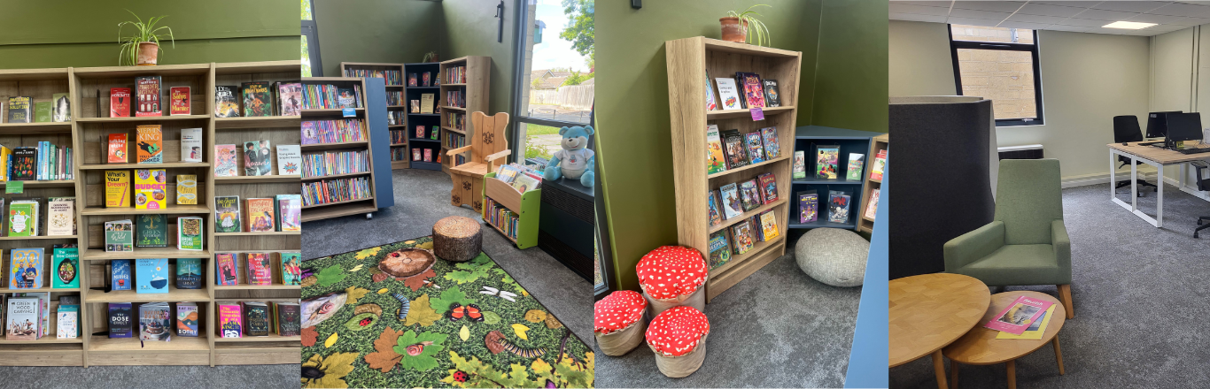Images of the newly refurbished Tetbury Library, with new shelving, a colourful rug and toadstool seats