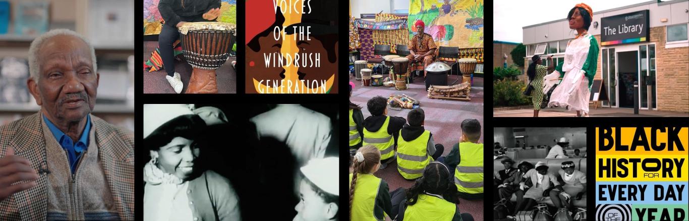A collage of photos including black and white Archive photos, book covers, school visits with Afro-Caribbean storytelling, Windrush speakers, and the Miss Windrush puppet