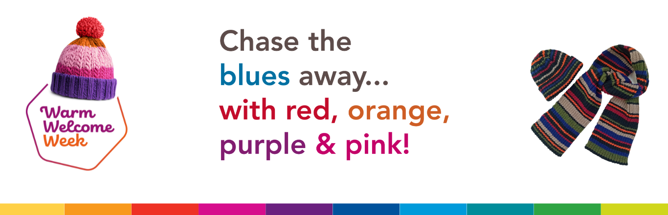 Text reading: Chase the blues away... with red, orange, purple and pink!